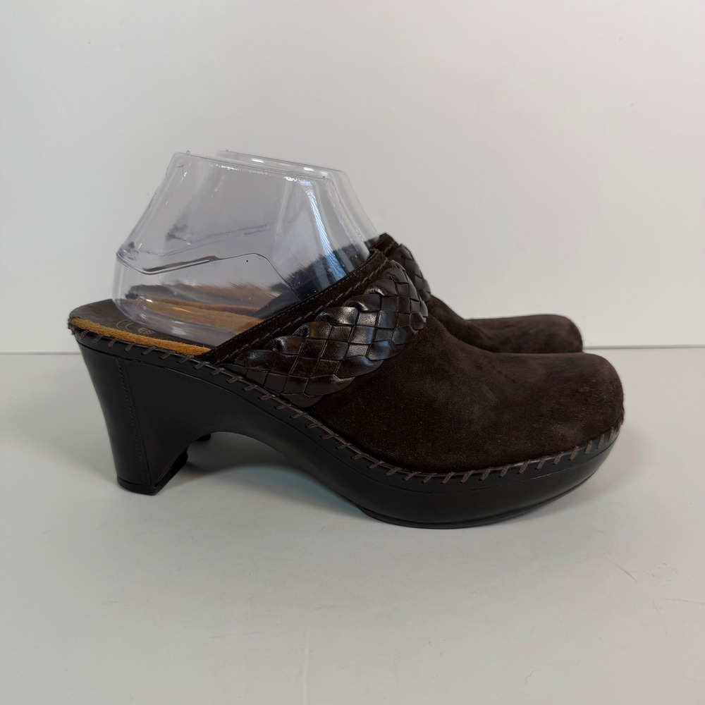 Nurture 10M Brown Suede‎ Leather Woven Clog Heels Slip-On Mules Comfort Boho